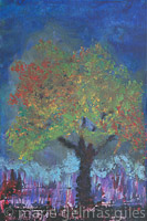 Dancing_To_The_Moon_Fire - textured, blue, purples, black, red, brown, green, yellow, multicolor, landscape, 36 x24, large, tree,