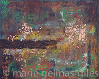 Justified - textured, multicolor, rust, red oxide, black, green, yellow, copper, mixed media, weathered, corrosion, corroded, urban, industrial, 24 x 30, 